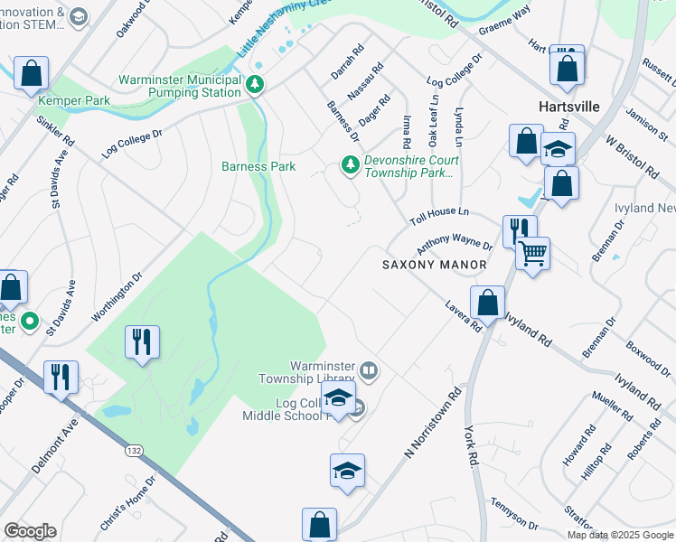 map of restaurants, bars, coffee shops, grocery stores, and more near 924 Lavera Road in Warminster