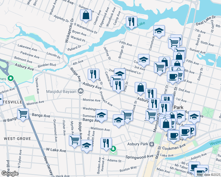 map of restaurants, bars, coffee shops, grocery stores, and more near 1301 Asbury Avenue in Asbury Park