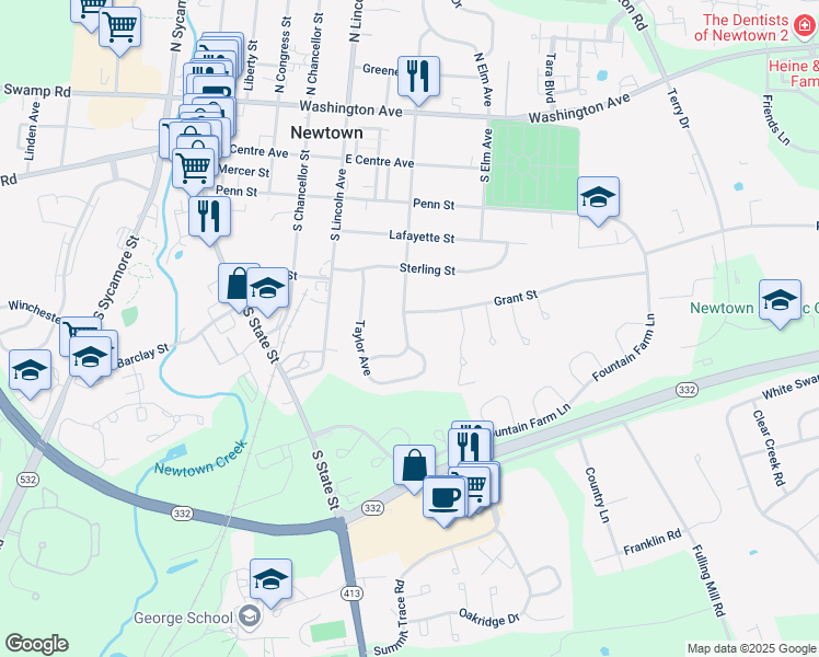 map of restaurants, bars, coffee shops, grocery stores, and more near 467 South Norwood Avenue in Newtown