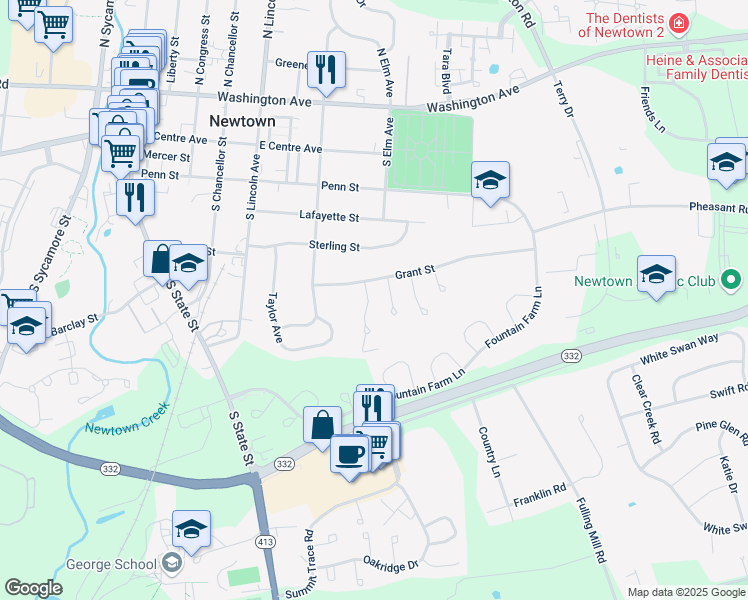map of restaurants, bars, coffee shops, grocery stores, and more near 5 Armstrong Circle in Newtown