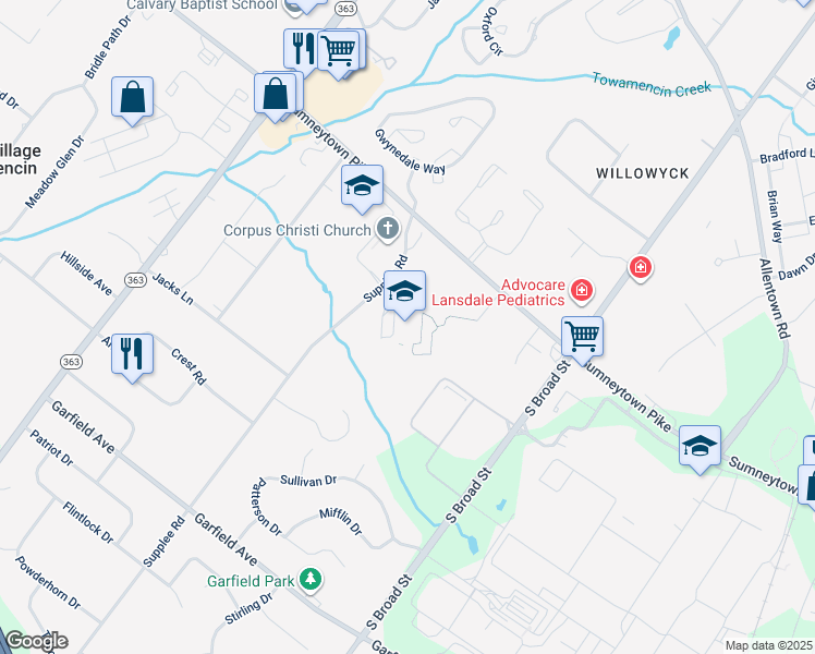 map of restaurants, bars, coffee shops, grocery stores, and more near 1641 Supplee Road in Lansdale