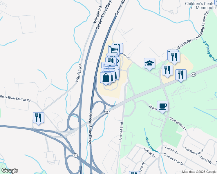 map of restaurants, bars, coffee shops, grocery stores, and more near 1 Premium Outlet Boulevard in Tinton Falls