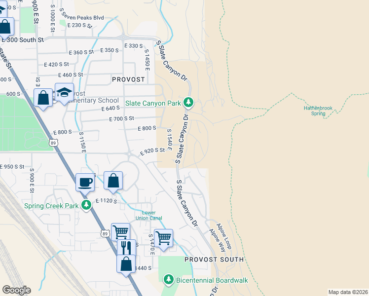 map of restaurants, bars, coffee shops, grocery stores, and more near 908 South Aspen Place in Provo