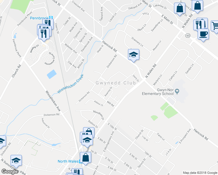 map of restaurants, bars, coffee shops, grocery stores, and more near 1 Kearney Drive in North Wales