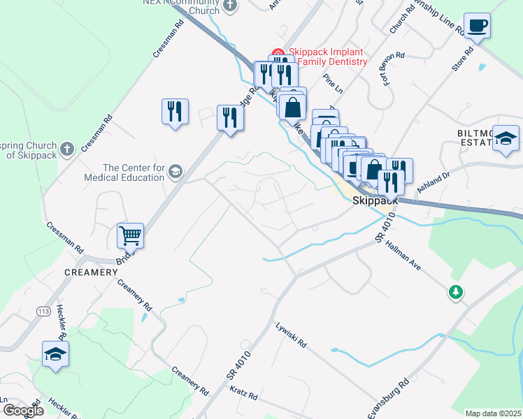 map of restaurants, bars, coffee shops, grocery stores, and more near 4009 Lantern Lane in Skippack