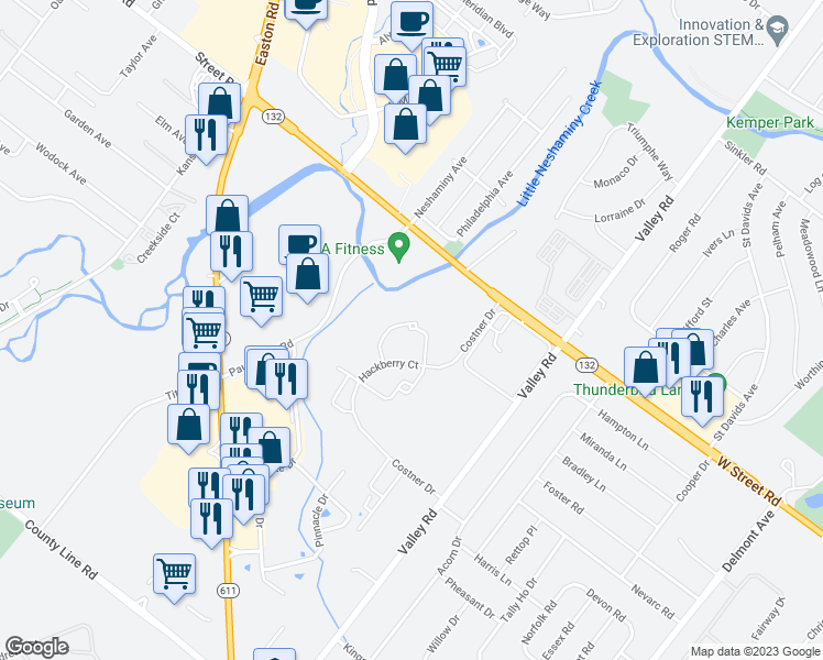 map of restaurants, bars, coffee shops, grocery stores, and more near 119 Basswood Court in Warrington