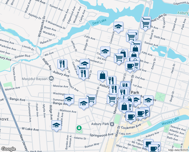map of restaurants, bars, coffee shops, grocery stores, and more near 1120 1st Avenue in Asbury Park