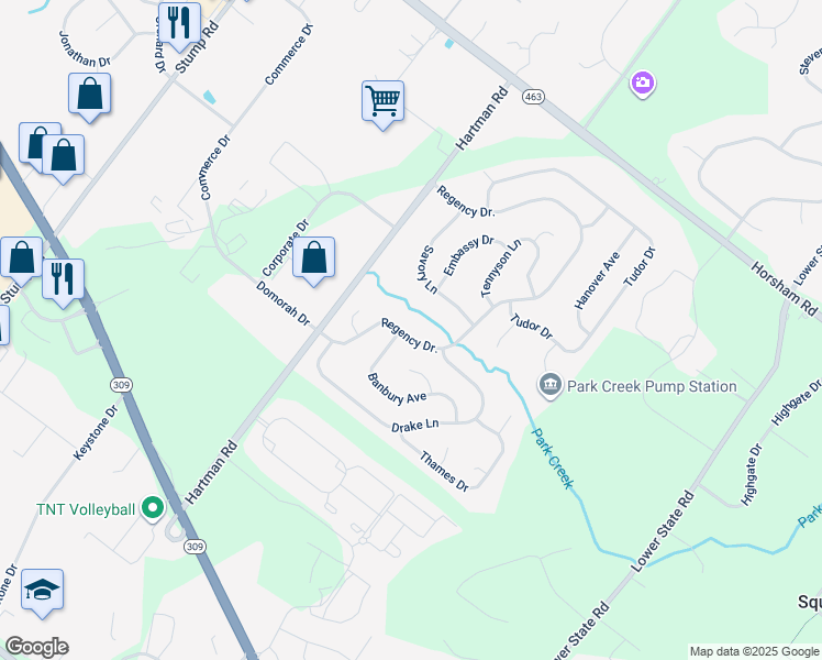 map of restaurants, bars, coffee shops, grocery stores, and more near 115 Regency Drive in North Wales