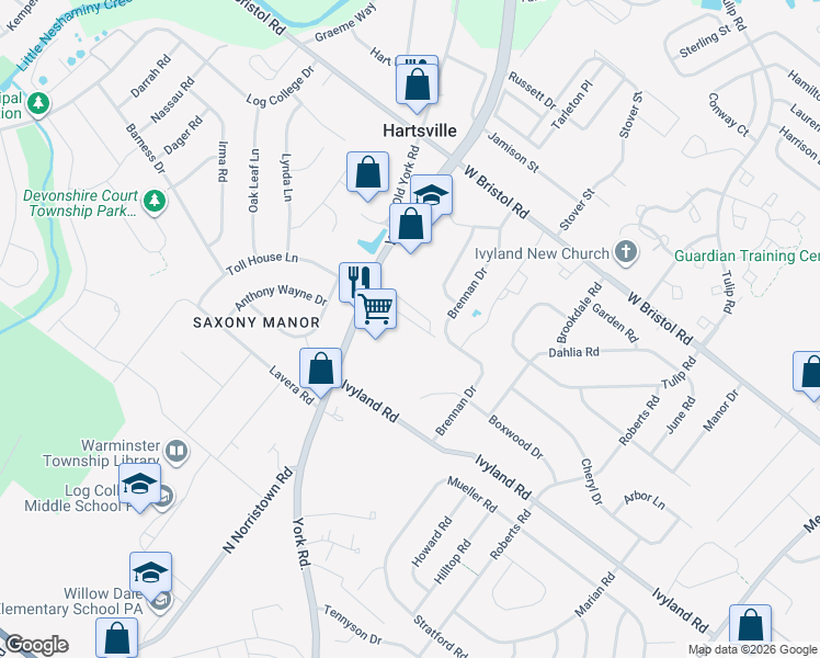 map of restaurants, bars, coffee shops, grocery stores, and more near 1111 York Road in Warminster