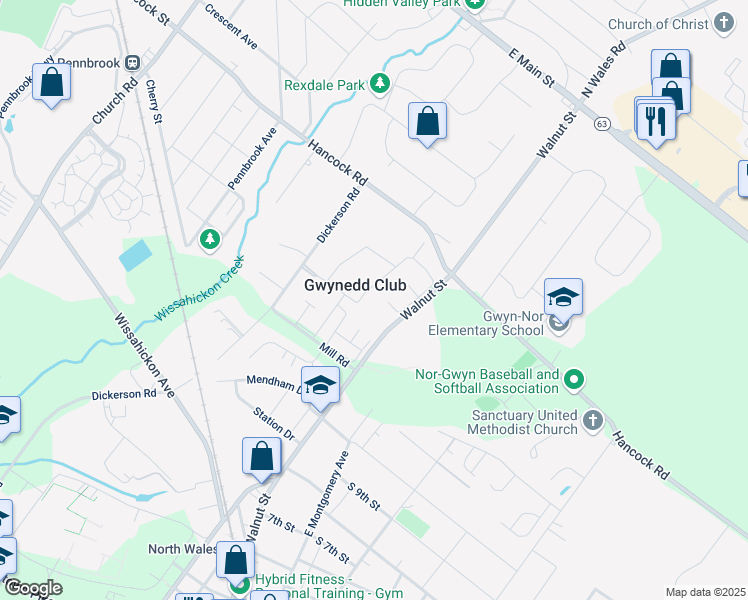 map of restaurants, bars, coffee shops, grocery stores, and more near 50 Wexford Drive in North Wales