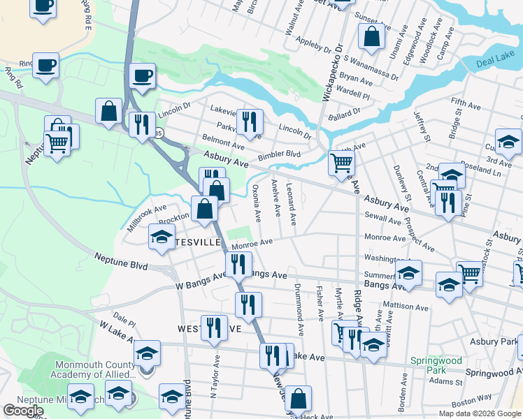 map of restaurants, bars, coffee shops, grocery stores, and more near 121 Oxonia Avenue in Neptune City