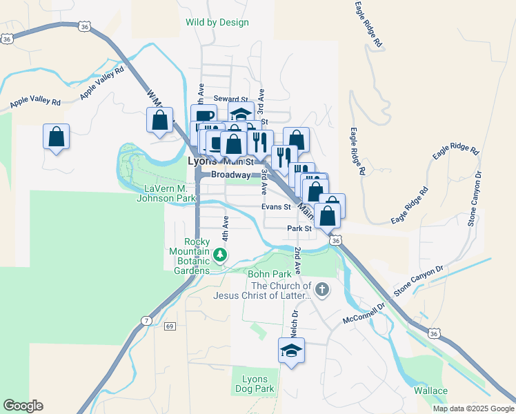map of restaurants, bars, coffee shops, grocery stores, and more near 329 Evans Street in Lyons
