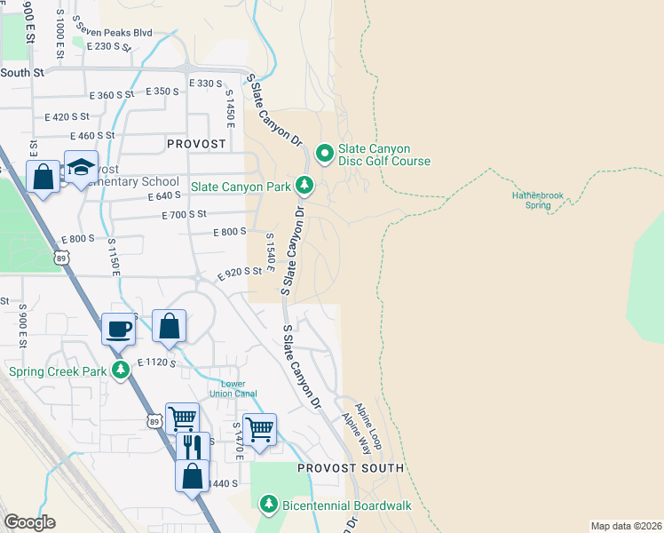 map of restaurants, bars, coffee shops, grocery stores, and more near 890 Aspen Summit Drive in Provo