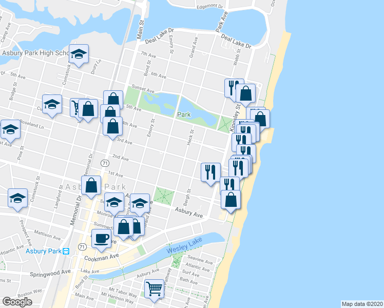 map of restaurants, bars, coffee shops, grocery stores, and more near 305 3rd Avenue in Asbury Park