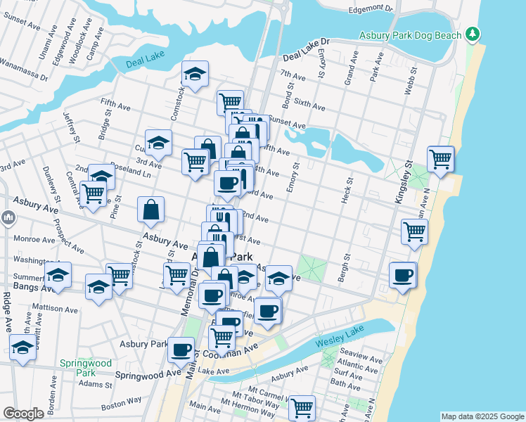 map of restaurants, bars, coffee shops, grocery stores, and more near 705 2nd Avenue in Asbury Park
