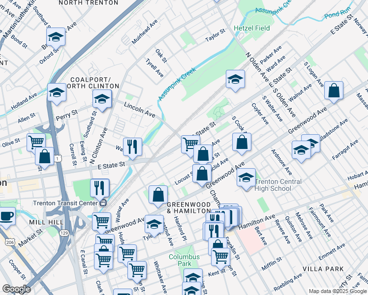 map of restaurants, bars, coffee shops, grocery stores, and more near in Hamilton Township