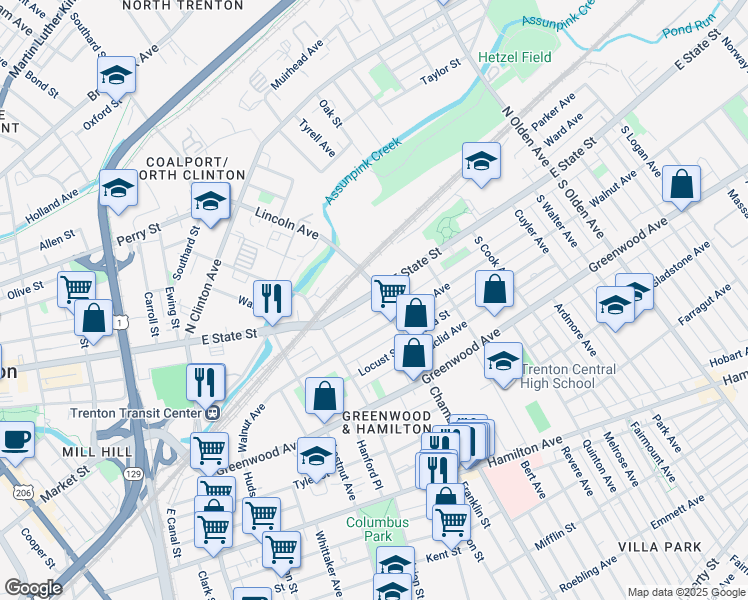 map of restaurants, bars, coffee shops, grocery stores, and more near in Hamilton Township