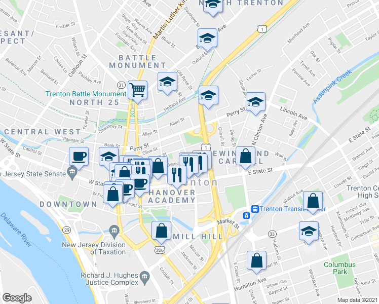 map of restaurants, bars, coffee shops, grocery stores, and more near 54 North Stockton Street in Trenton
