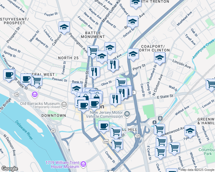 map of restaurants, bars, coffee shops, grocery stores, and more near 224 Academy Street in Trenton