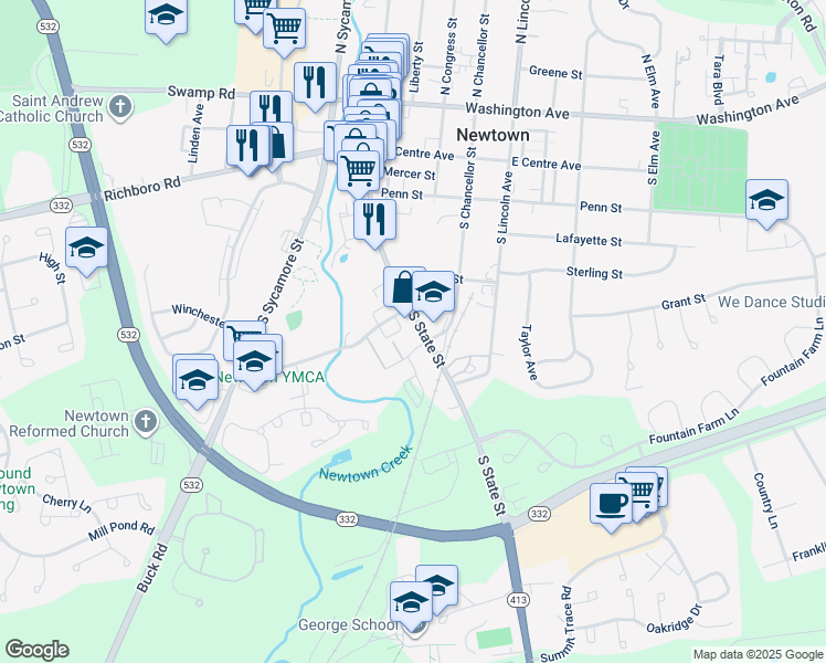 map of restaurants, bars, coffee shops, grocery stores, and more near 16 Dunham Lane in Newtown