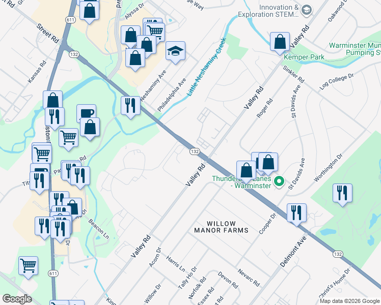 map of restaurants, bars, coffee shops, grocery stores, and more near 1700 Street Road in Warrington