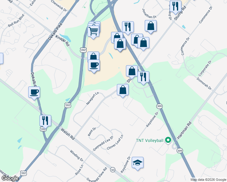 map of restaurants, bars, coffee shops, grocery stores, and more near 310 Stump Road in North Wales