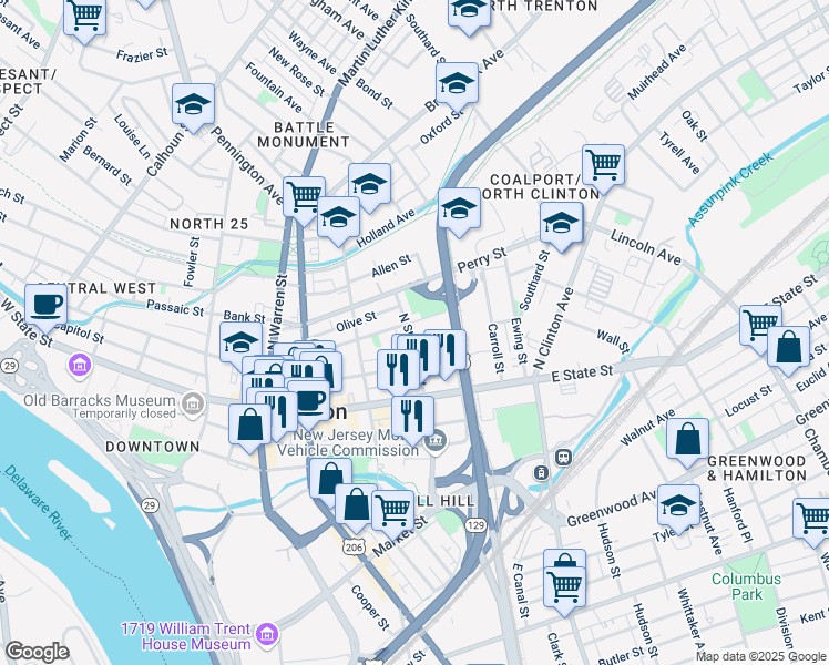 map of restaurants, bars, coffee shops, grocery stores, and more near 54 North Stockton Street in Trenton