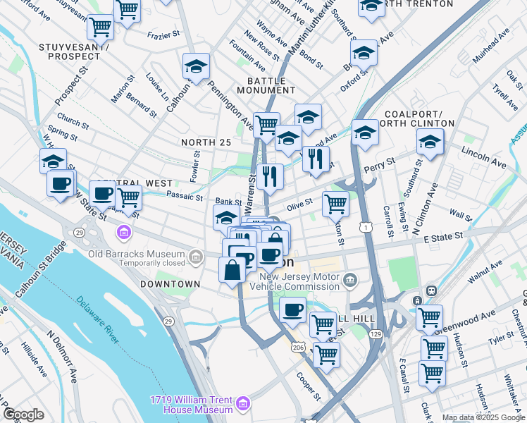 map of restaurants, bars, coffee shops, grocery stores, and more near 159 N Broad St in Trenton