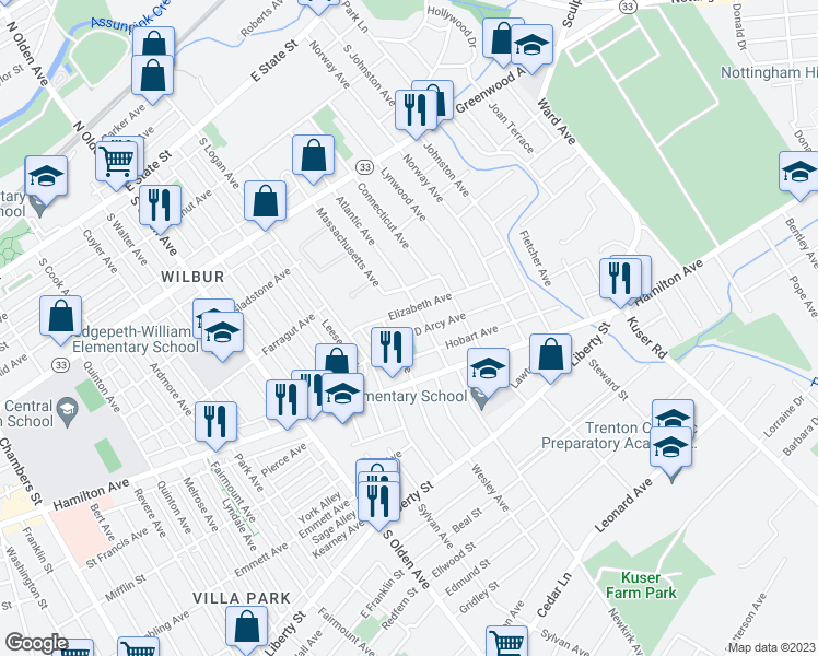 map of restaurants, bars, coffee shops, grocery stores, and more near 124 D Arcy Avenue in Hamilton Township