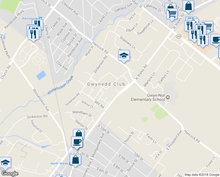 map of restaurants, bars, coffee shops, grocery stores, and more near 50 Wexford Road in North Wales