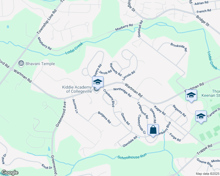 map of restaurants, bars, coffee shops, grocery stores, and more near 528 Northridge Road in Collegeville
