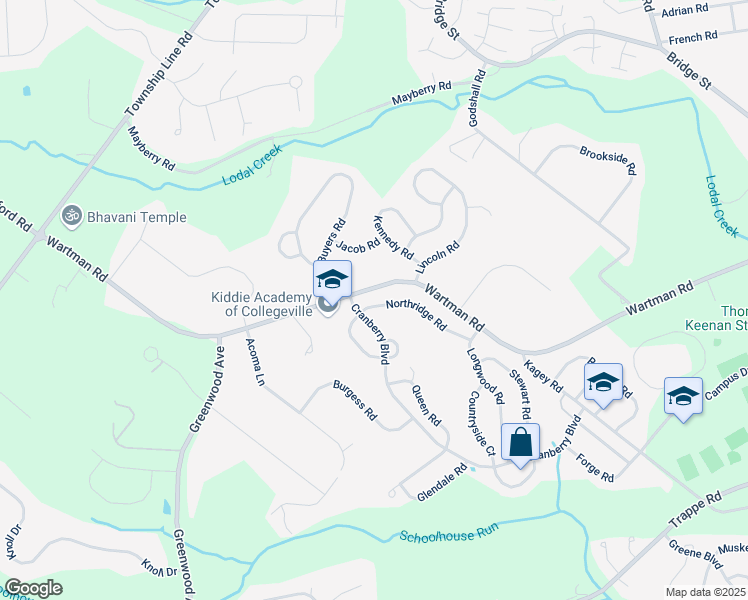 map of restaurants, bars, coffee shops, grocery stores, and more near 528 Northridge Road in Collegeville