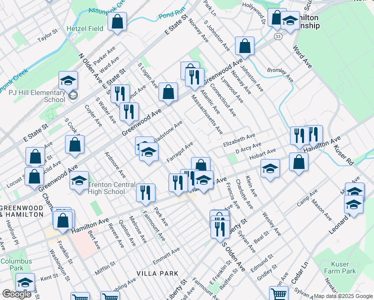 map of restaurants, bars, coffee shops, grocery stores, and more near 405 Cleveland Avenue in Trenton