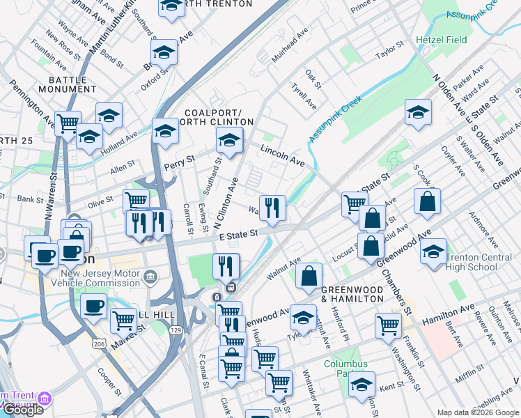 map of restaurants, bars, coffee shops, grocery stores, and more near 58 Wall Street in Trenton
