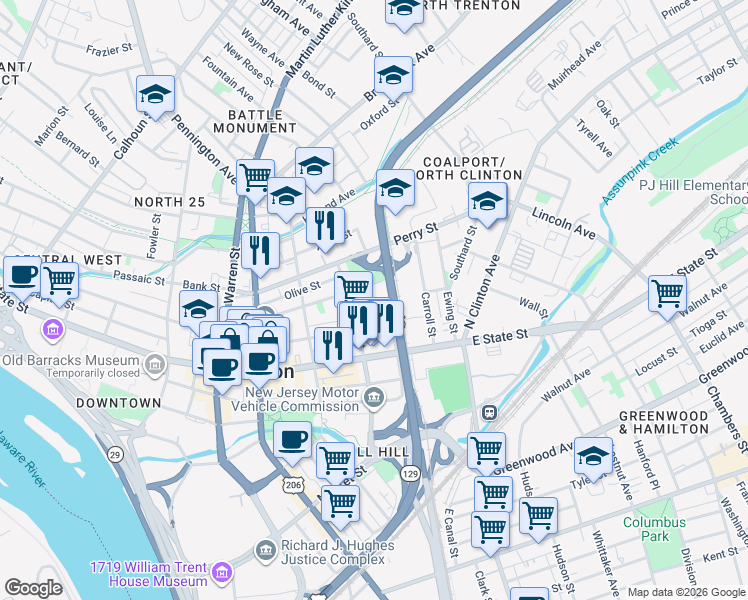 map of restaurants, bars, coffee shops, grocery stores, and more near 54 North Stockton Street in Trenton