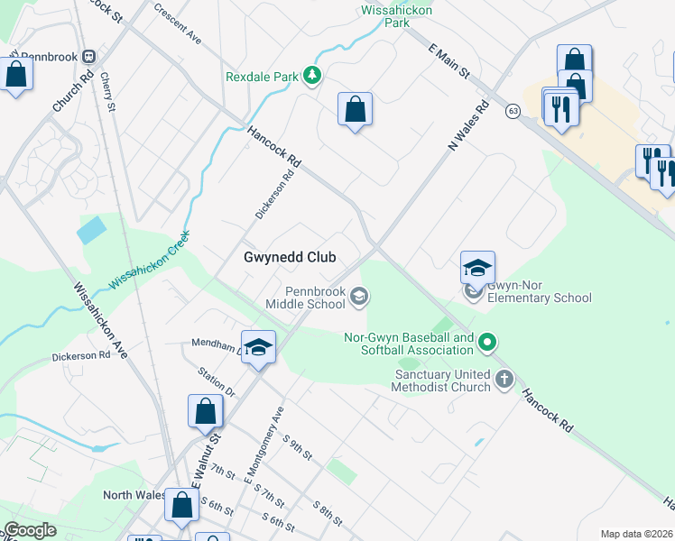 map of restaurants, bars, coffee shops, grocery stores, and more near 4 Donovan Court in North Wales