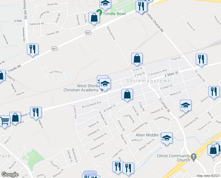 map of restaurants, bars, coffee shops, grocery stores, and more near 123 W Main St in Shiremanstown