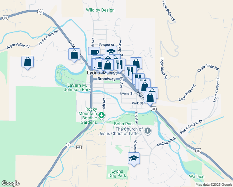 map of restaurants, bars, coffee shops, grocery stores, and more near 329 Evans Street in Lyons