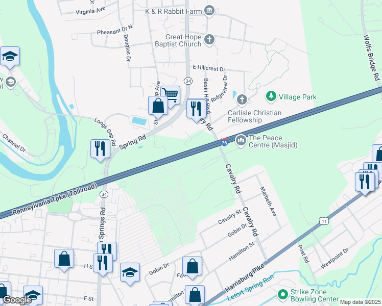map of restaurants, bars, coffee shops, grocery stores, and more near Pennsylvania Turnpike in Carlisle
