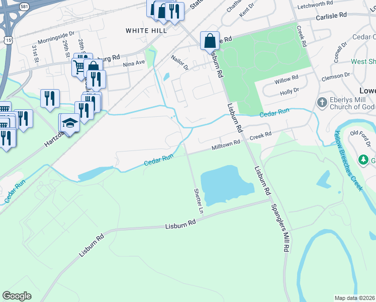 map of restaurants, bars, coffee shops, grocery stores, and more near 916 Milltown Road in Camp Hill