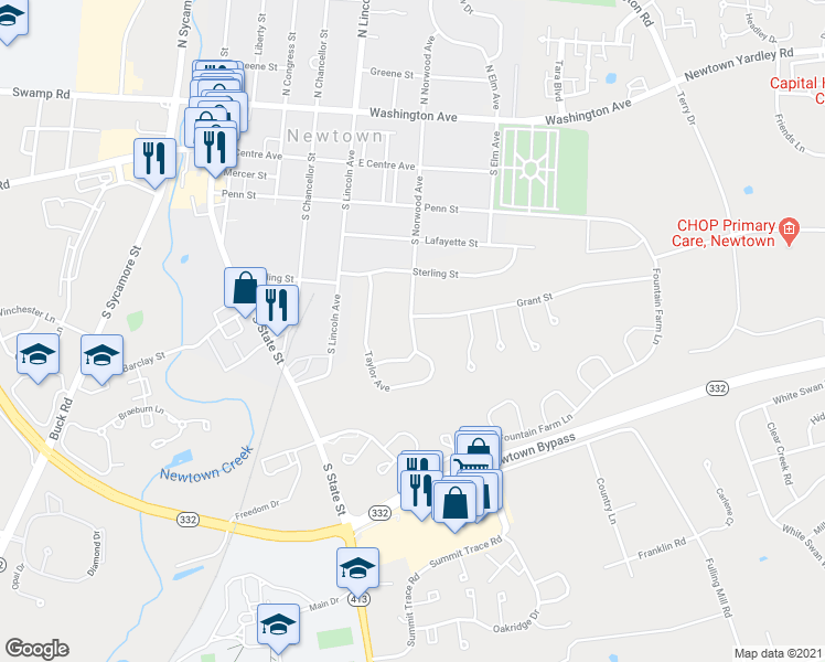 map of restaurants, bars, coffee shops, grocery stores, and more near 463 South Norwood Avenue in Newtown