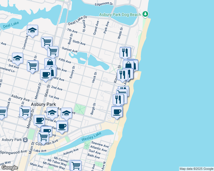 map of restaurants, bars, coffee shops, grocery stores, and more near 210 4th Avenue in Asbury Park