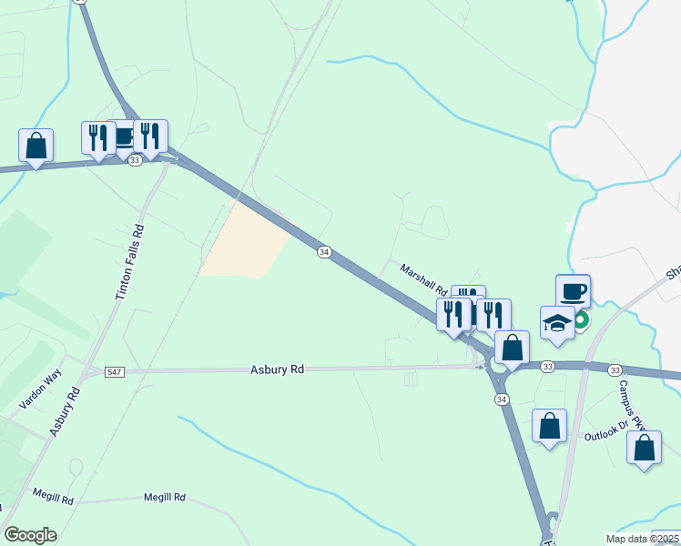 map of restaurants, bars, coffee shops, grocery stores, and more near 5207 New Jersey 33 in Wall Township