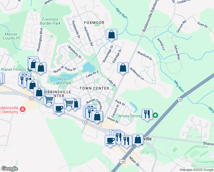 map of restaurants, bars, coffee shops, grocery stores, and more near 249 Garden Place in Robbinsville Township
