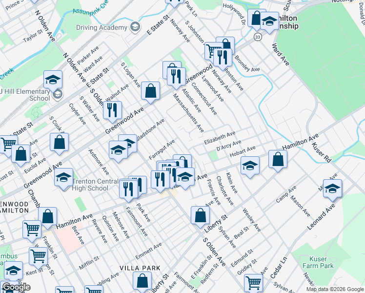 map of restaurants, bars, coffee shops, grocery stores, and more near 425 South Logan Avenue in Trenton