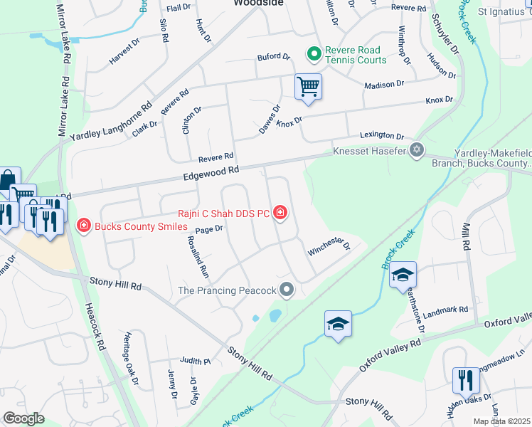 map of restaurants, bars, coffee shops, grocery stores, and more near 679 Long Acre Lane in Yardley