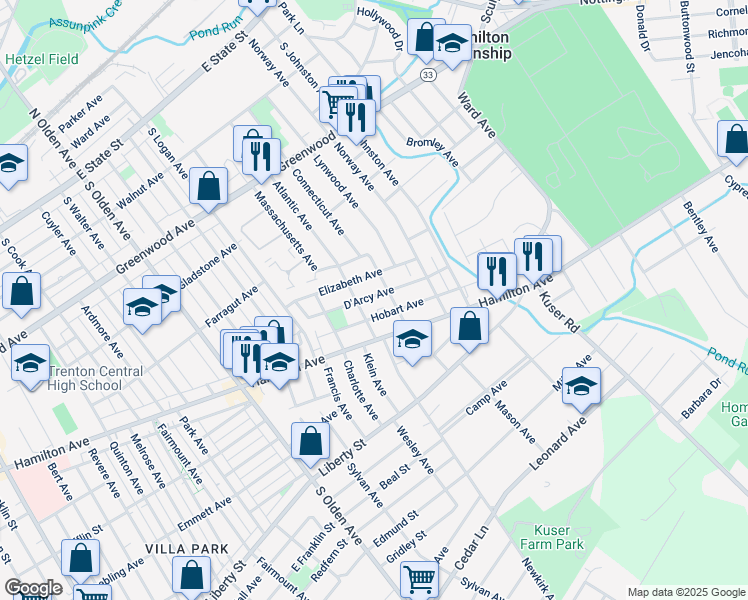 map of restaurants, bars, coffee shops, grocery stores, and more near 225 D Arcy Avenue in Hamilton Township