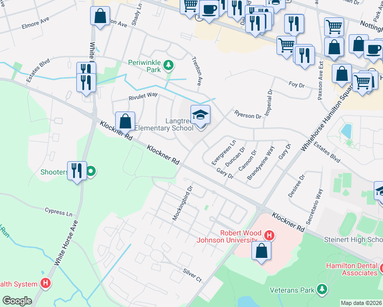 map of restaurants, bars, coffee shops, grocery stores, and more near 2025 Whatley Road in Hamilton Township