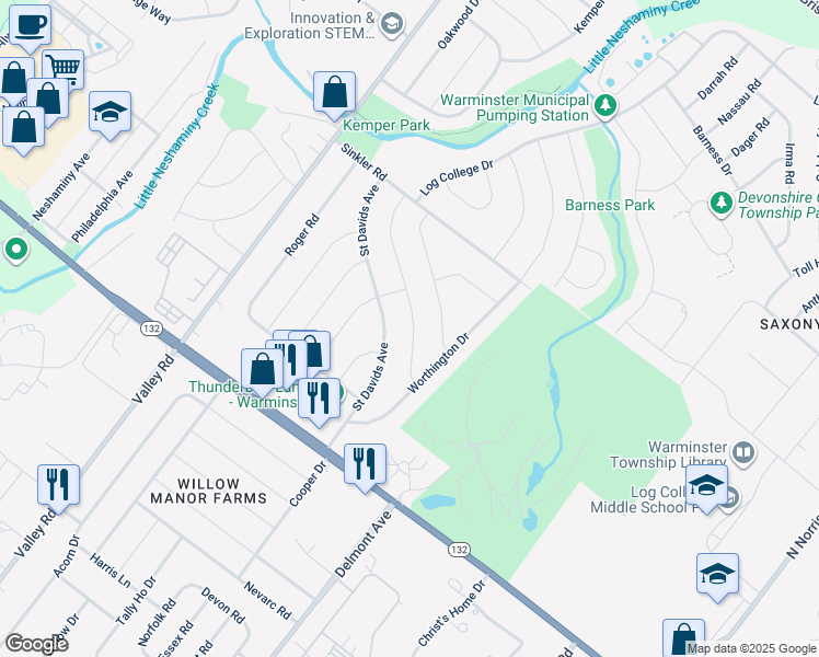 map of restaurants, bars, coffee shops, grocery stores, and more near 748 Pelham Avenue in Warminster