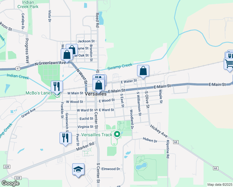 map of restaurants, bars, coffee shops, grocery stores, and more near 216 E Main St in Versailles